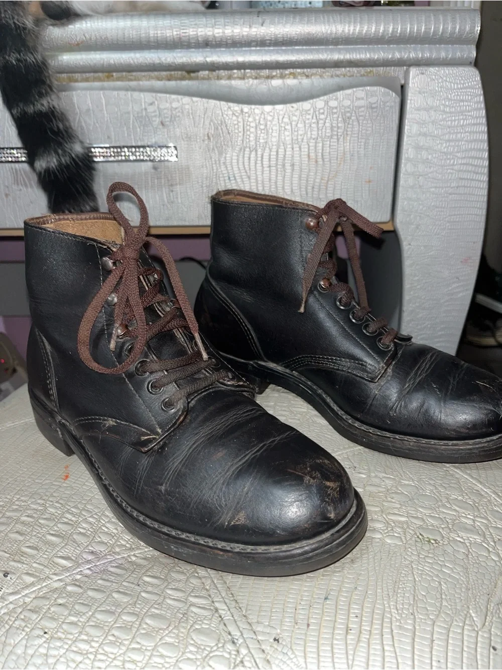 Men's Black Lace-Up vintage Leather Boots “Nitrene” brand I believe